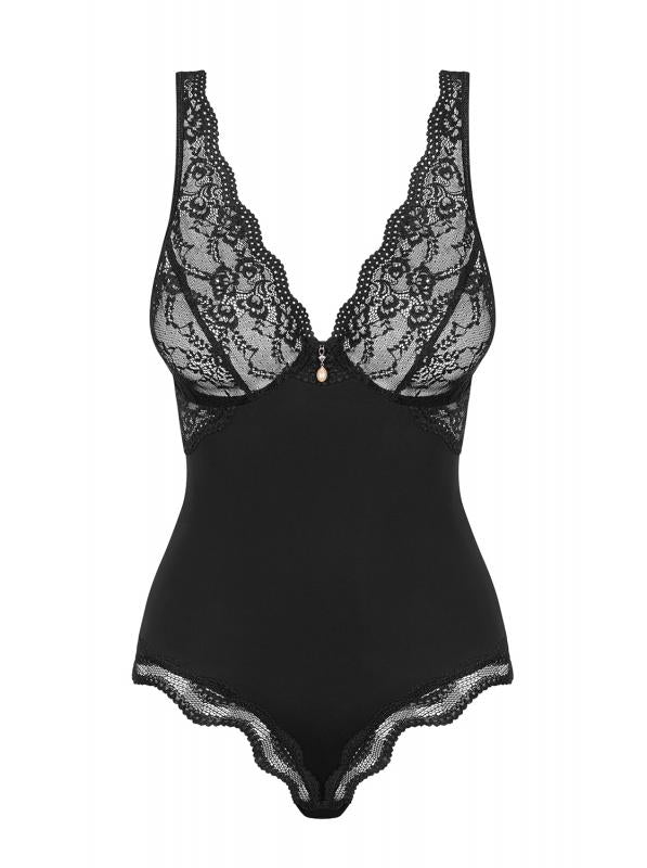 Schwarzer Spitzen-Bodysuit auf Weiß