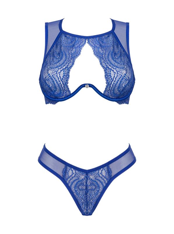Blaue Spitzenunterwäsche auf Weiß